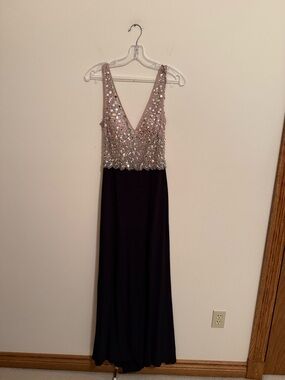 Blondie Nites Blush-Sequin Bodice Evening Gown with Black Skirt